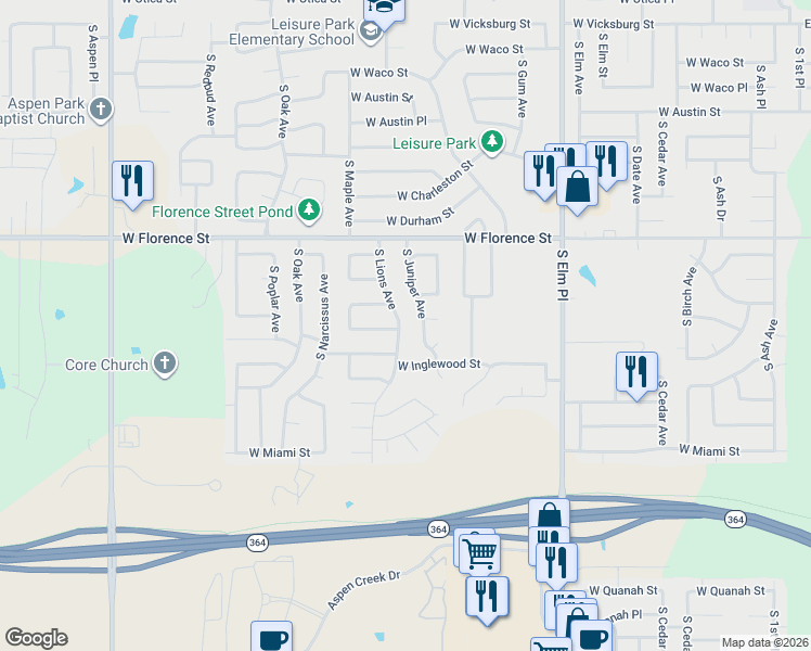 map of restaurants, bars, coffee shops, grocery stores, and more near 5201 South Lions Avenue in Broken Arrow