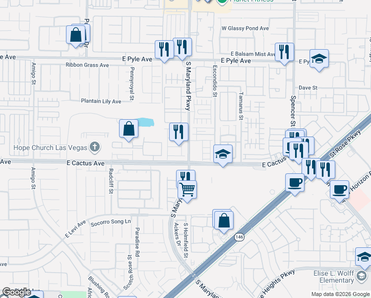 map of restaurants, bars, coffee shops, grocery stores, and more near 10446 Lady Angela Street in Las Vegas