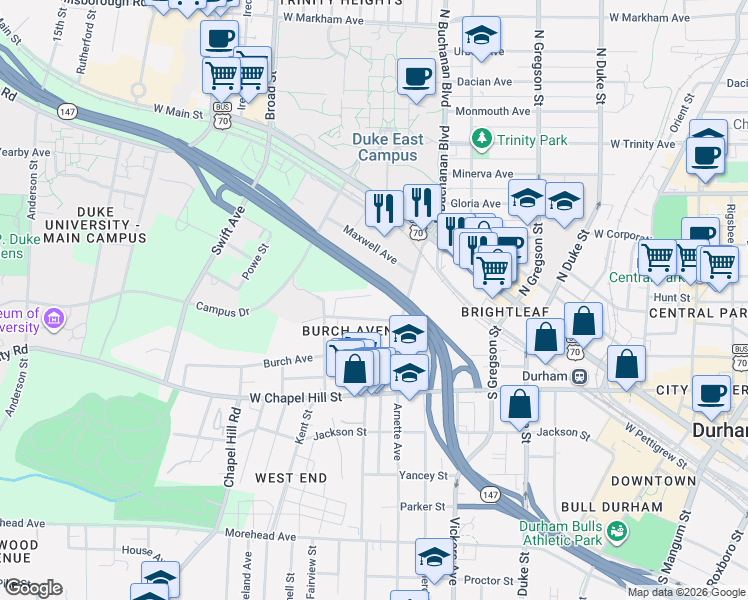 map of restaurants, bars, coffee shops, grocery stores, and more near 903 Rome Avenue in Durham