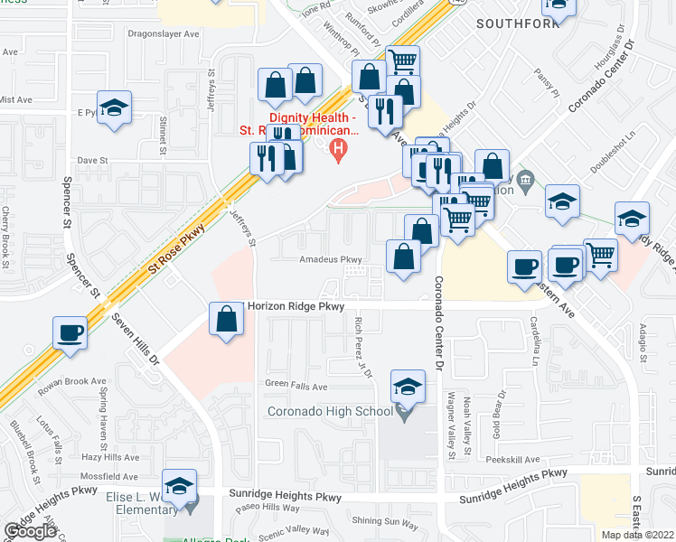 map of restaurants, bars, coffee shops, grocery stores, and more near 2920 West Horizon Ridge Parkway in Henderson