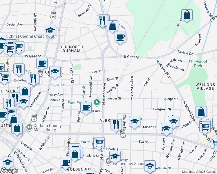 map of restaurants, bars, coffee shops, grocery stores, and more near 1401 Manteo St in Durham