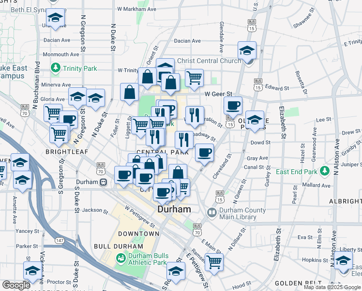 map of restaurants, bars, coffee shops, grocery stores, and more near 502 Rigsbee Avenue in Durham