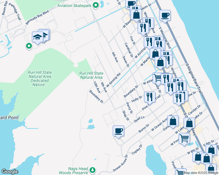 map of restaurants, bars, coffee shops, grocery stores, and more near 803 West Airstrip Road in Kill Devil Hills