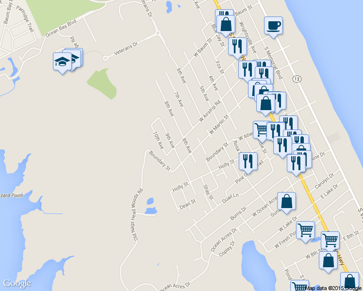 map of restaurants, bars, coffee shops, grocery stores, and more near 803 West Airstrip Road in Kill Devil Hills
