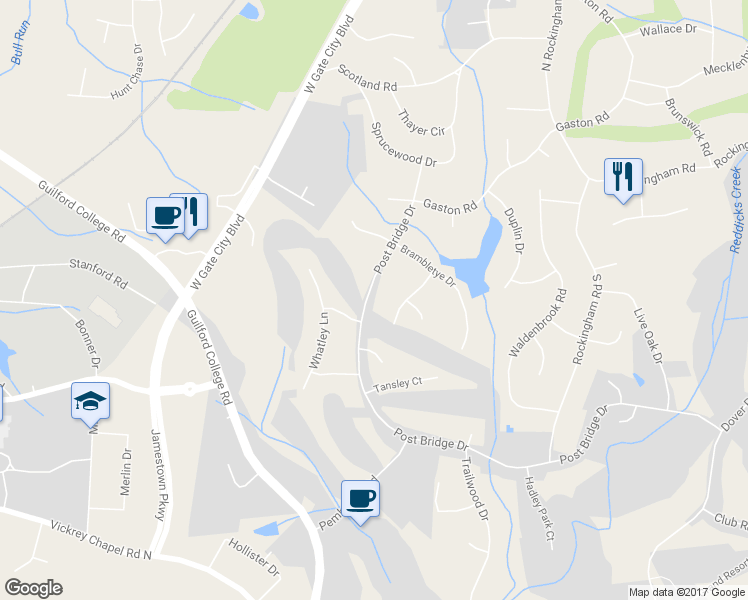 map of restaurants, bars, coffee shops, grocery stores, and more near 5200 Post Bridge Drive in Greensboro
