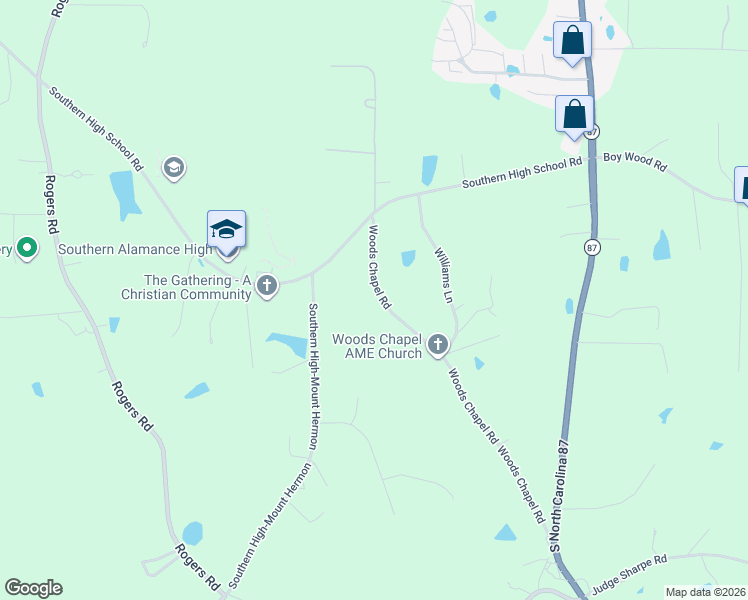 map of restaurants, bars, coffee shops, grocery stores, and more near 3101 Woods Chapel Road in Graham