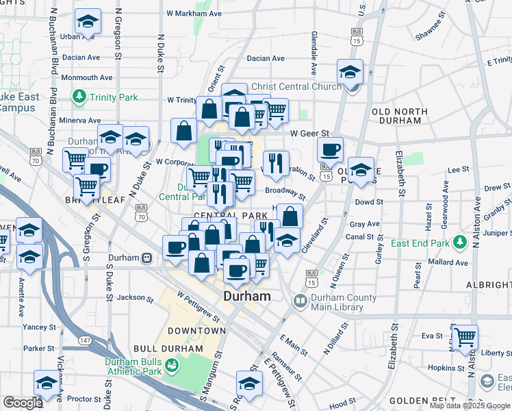 map of restaurants, bars, coffee shops, grocery stores, and more near 502 Rigsbee Avenue in Durham