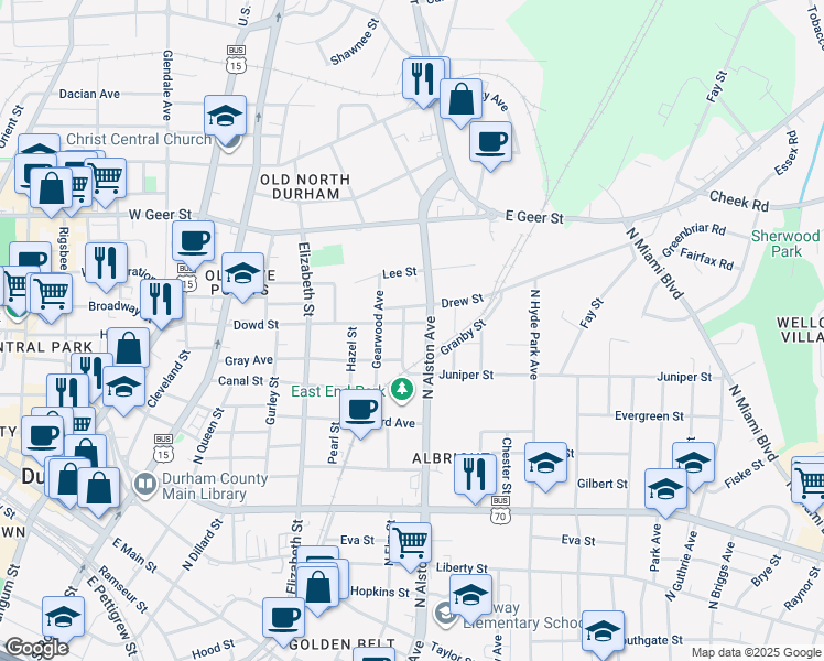 map of restaurants, bars, coffee shops, grocery stores, and more near 804 Dowd Street in Durham