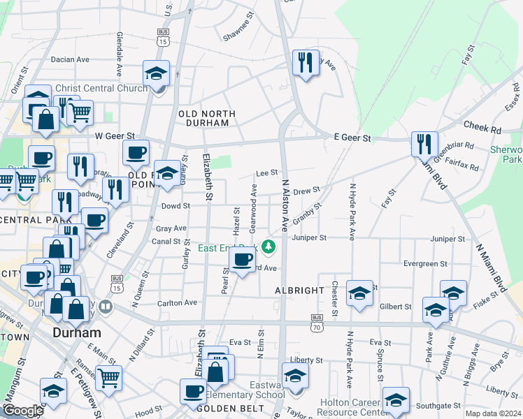 map of restaurants, bars, coffee shops, grocery stores, and more near 706 Dowd Street in Durham