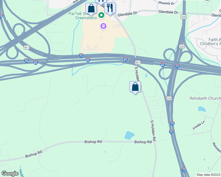 map of restaurants, bars, coffee shops, grocery stores, and more near 2609 Longacre Road in Greensboro