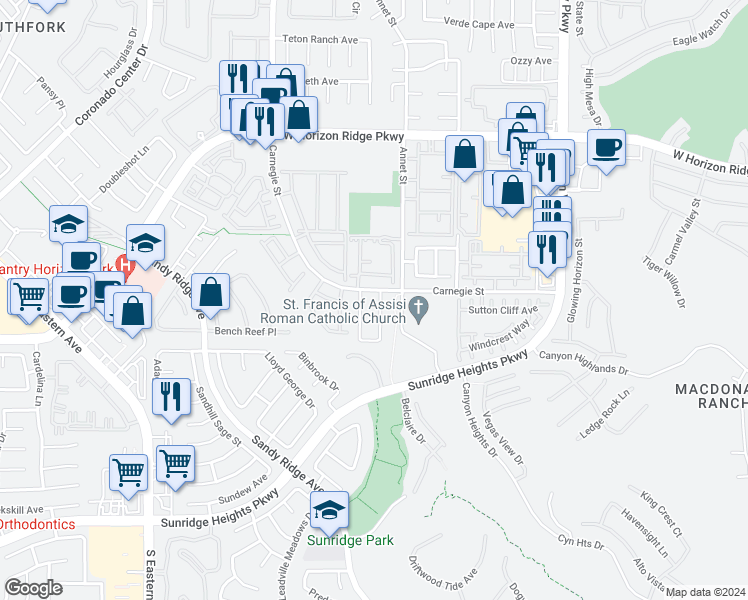 map of restaurants, bars, coffee shops, grocery stores, and more near 757 Valley Rise Drive in Henderson