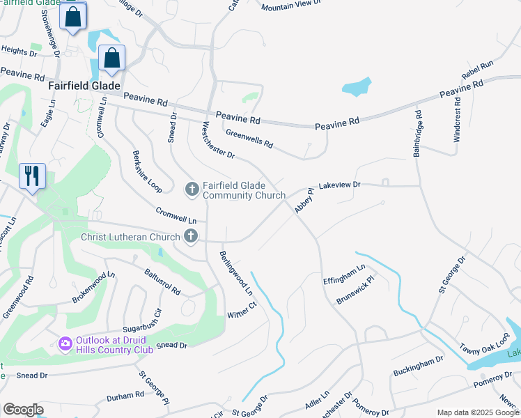 map of restaurants, bars, coffee shops, grocery stores, and more near 112 Foxwell Lane in Crossville