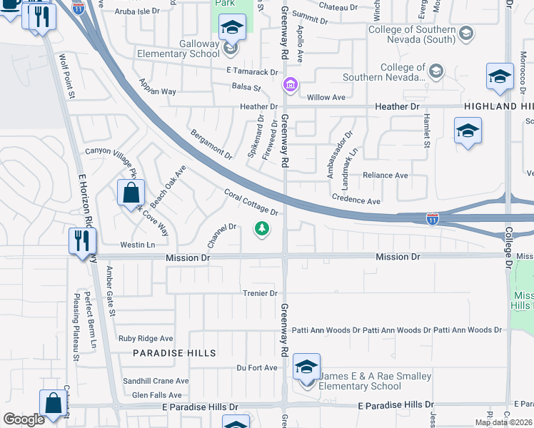 map of restaurants, bars, coffee shops, grocery stores, and more near 899 Coral Cottage Drive in Henderson