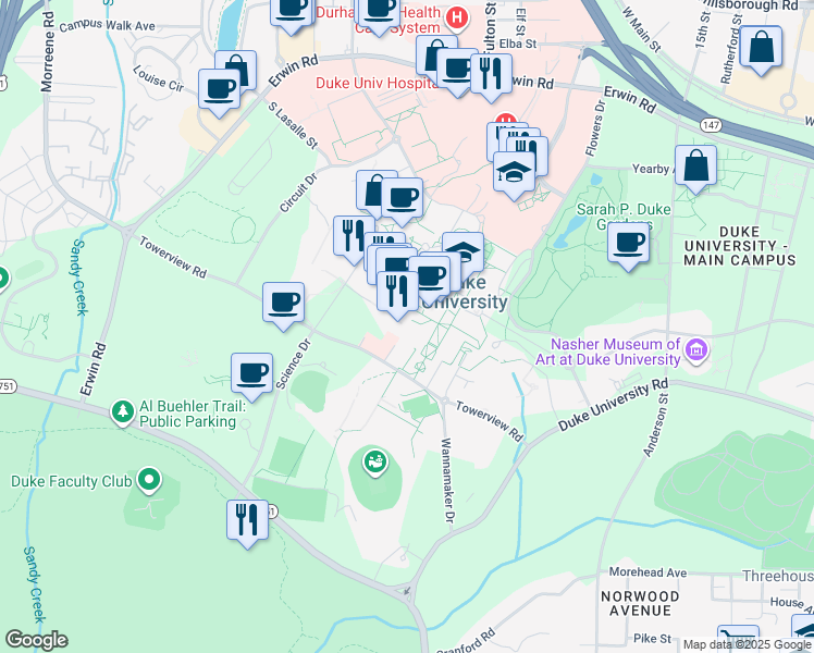 map of restaurants, bars, coffee shops, grocery stores, and more near 416 Chapel Drive in Durham