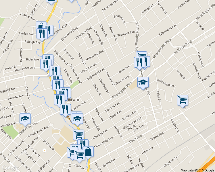 map of restaurants, bars, coffee shops, grocery stores, and more near 2704 Copeland Street in Knoxville