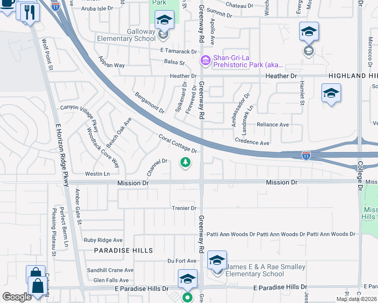 map of restaurants, bars, coffee shops, grocery stores, and more near 899 Coral Cottage Drive in Henderson