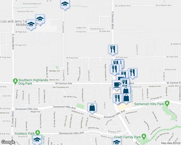 map of restaurants, bars, coffee shops, grocery stores, and more near 10425 Mulvaney Circle in Las Vegas