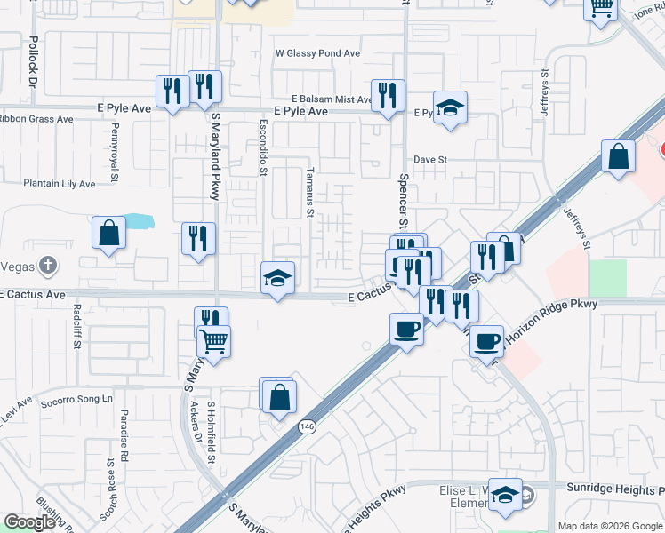 map of restaurants, bars, coffee shops, grocery stores, and more near 1557 Tillman Falls Avenue in Las Vegas