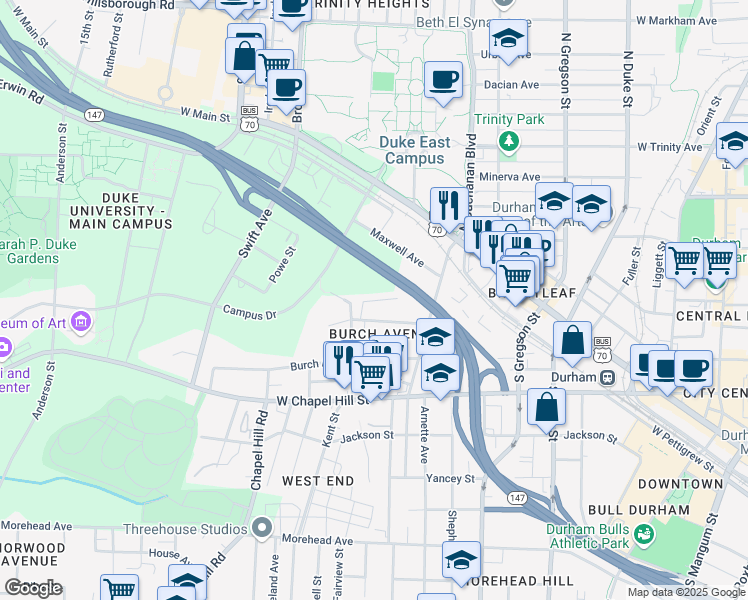 map of restaurants, bars, coffee shops, grocery stores, and more near Rome Avenue in Durham
