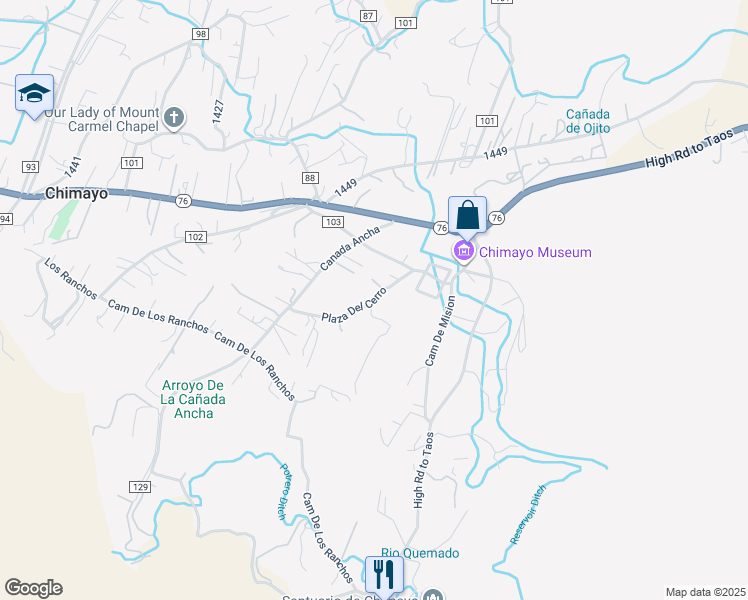 map of restaurants, bars, coffee shops, grocery stores, and more near Plaza Del Cerro in Chimayo