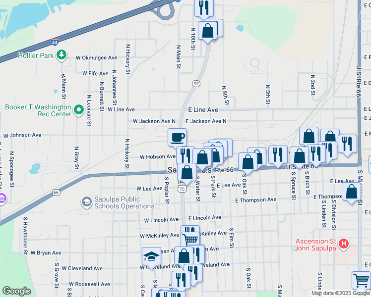 map of restaurants, bars, coffee shops, grocery stores, and more near 101 North Main Street in Sapulpa