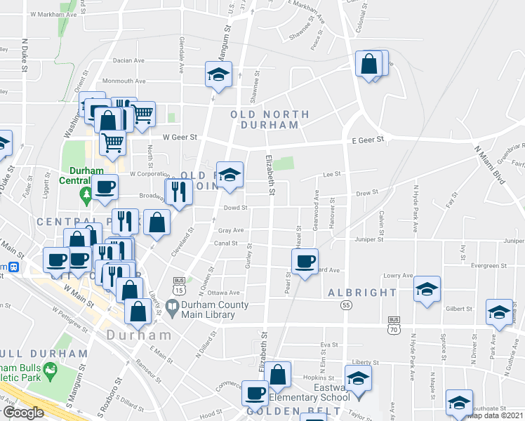 map of restaurants, bars, coffee shops, grocery stores, and more near 414 Dowd Street in Durham