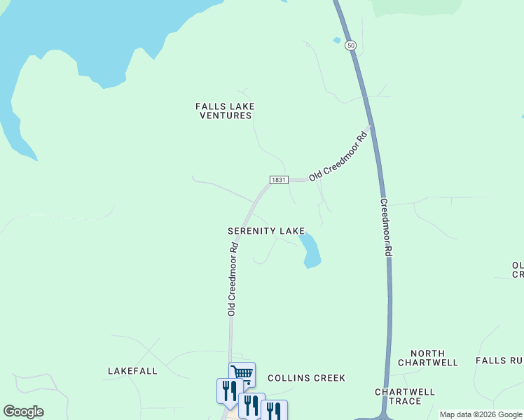 map of restaurants, bars, coffee shops, grocery stores, and more near 7724 Serenity Lake Drive in Wake Forest