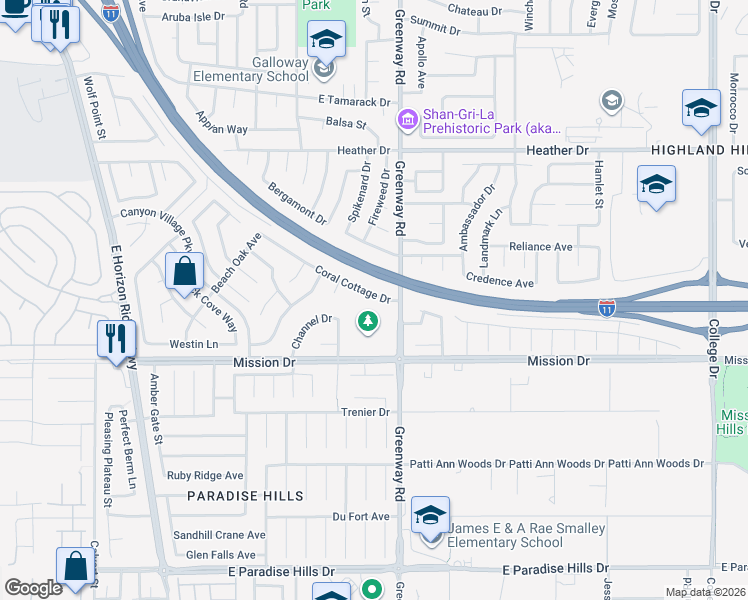 map of restaurants, bars, coffee shops, grocery stores, and more near 899 Coral Cottage Drive in Henderson