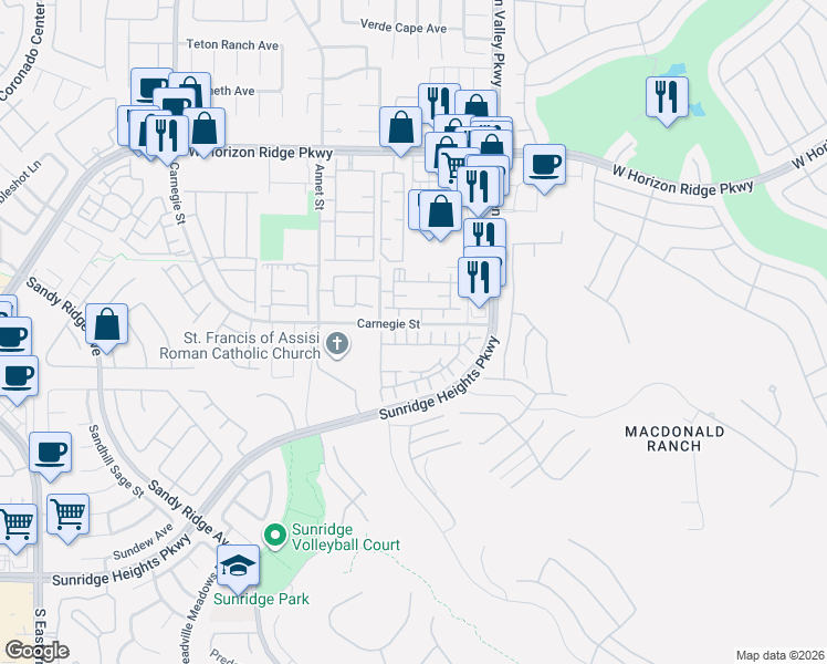 map of restaurants, bars, coffee shops, grocery stores, and more near 763 Elstree Court in Henderson