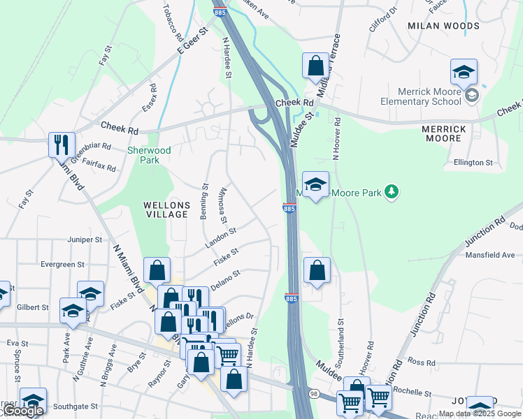 map of restaurants, bars, coffee shops, grocery stores, and more near in Durham