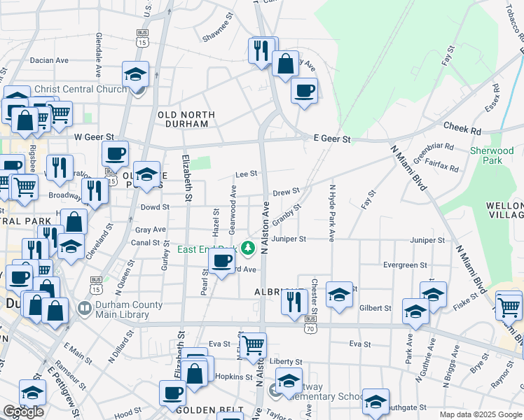 map of restaurants, bars, coffee shops, grocery stores, and more near in Durham