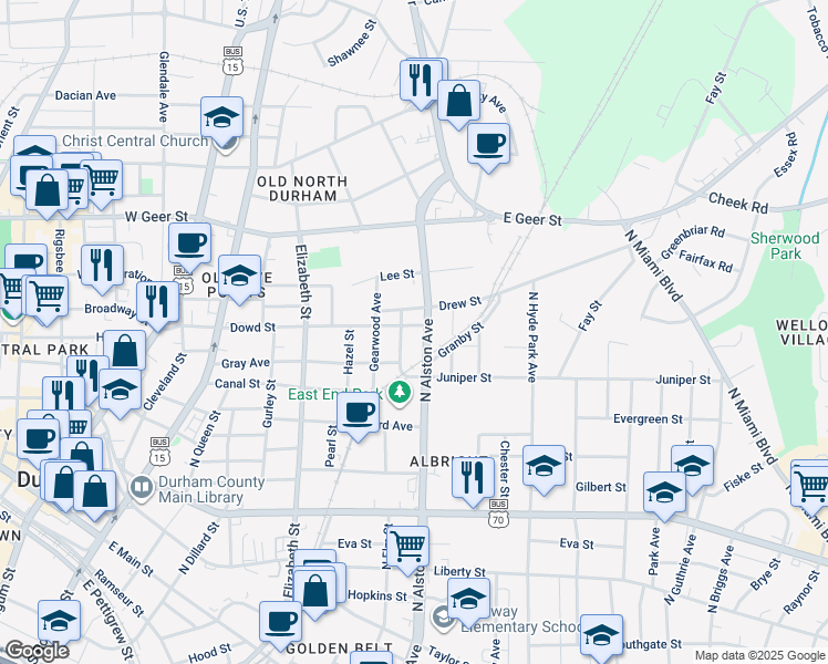 map of restaurants, bars, coffee shops, grocery stores, and more near in Durham