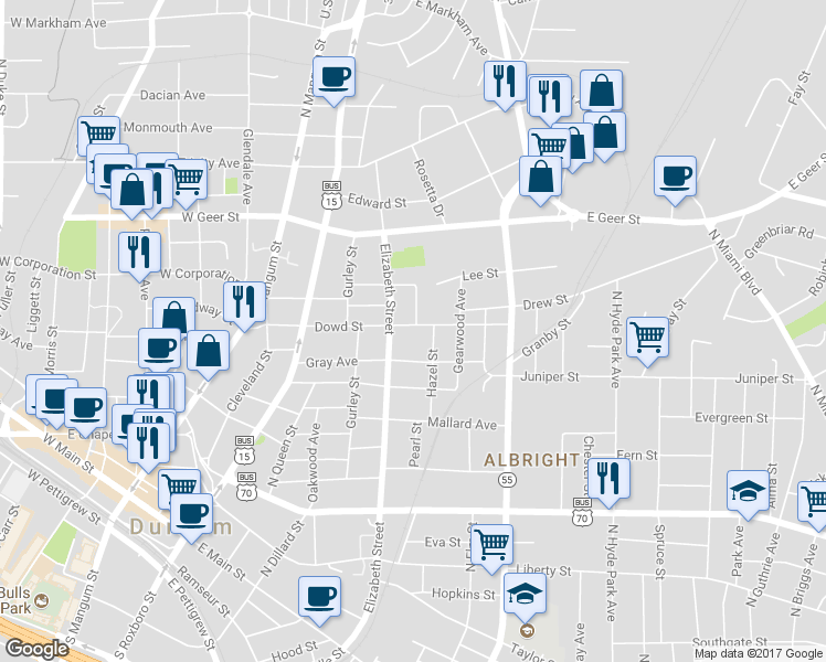 map of restaurants, bars, coffee shops, grocery stores, and more near 508 Dowd Street in Durham