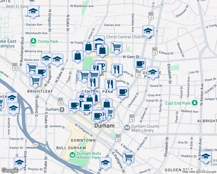 map of restaurants, bars, coffee shops, grocery stores, and more near 201 Hunt Street in Durham