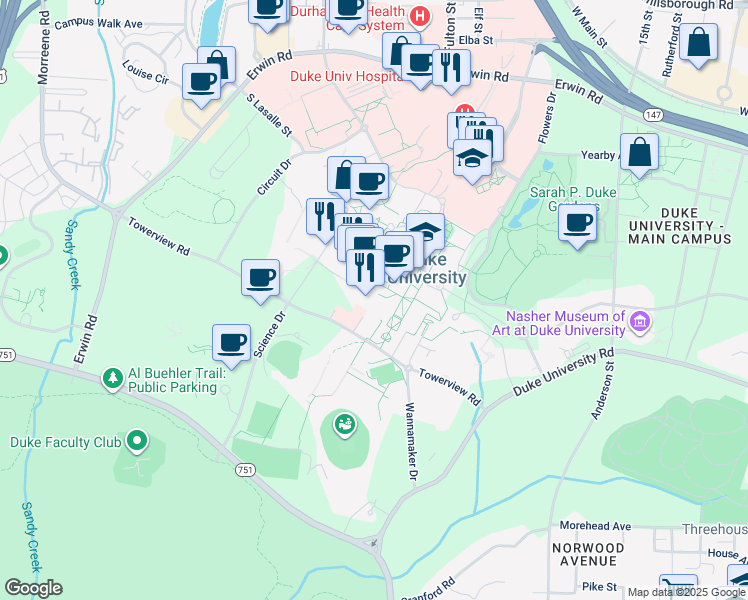 map of restaurants, bars, coffee shops, grocery stores, and more near 416 Chapel Drive in Durham