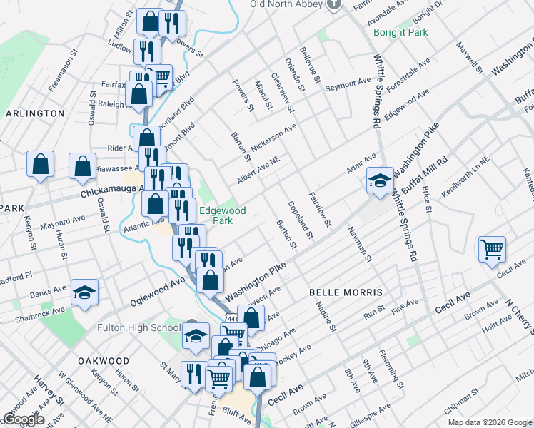 map of restaurants, bars, coffee shops, grocery stores, and more near 2718 Barton Street in Knoxville