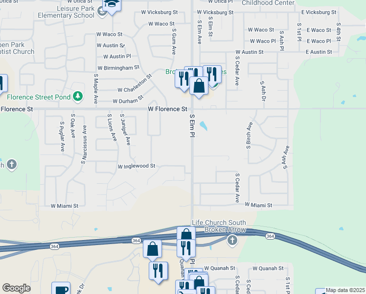 map of restaurants, bars, coffee shops, grocery stores, and more near 5272 South Elm Place in Broken Arrow