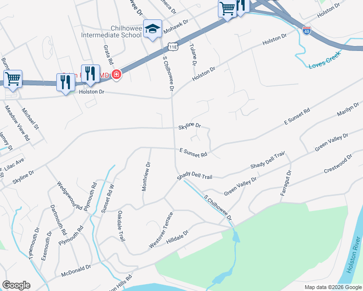 map of restaurants, bars, coffee shops, grocery stores, and more near 1010 South Chilhowee Drive in Knoxville