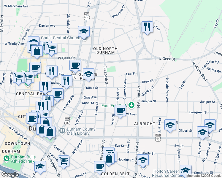 map of restaurants, bars, coffee shops, grocery stores, and more near 506 Dowd Street in Durham