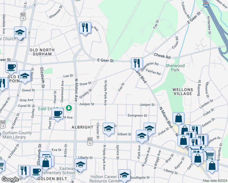map of restaurants, bars, coffee shops, grocery stores, and more near 1114 Violet Street in Durham