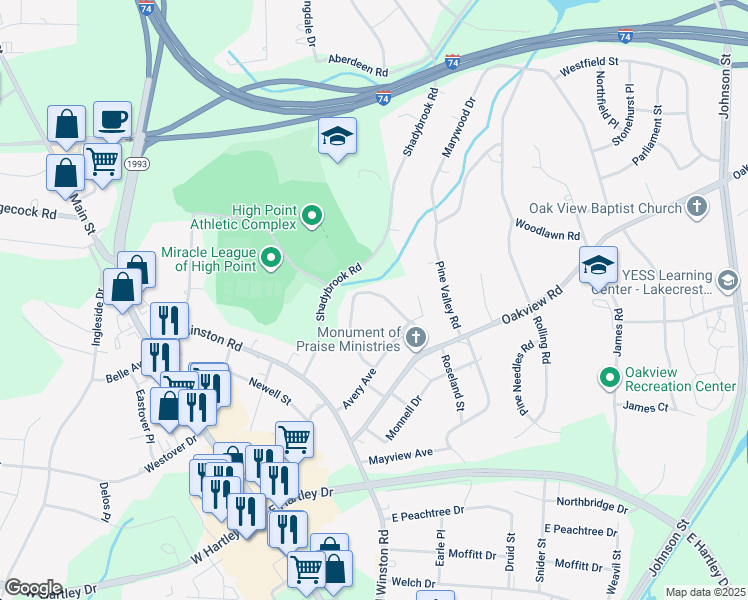 map of restaurants, bars, coffee shops, grocery stores, and more near 906 Pine Circle Drive in High Point