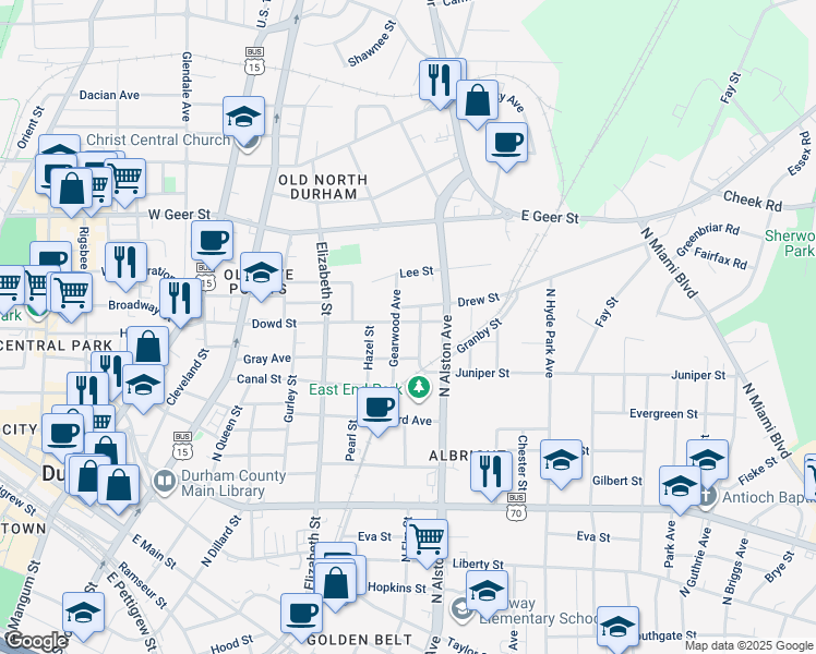 map of restaurants, bars, coffee shops, grocery stores, and more near 706 Dowd Street in Durham