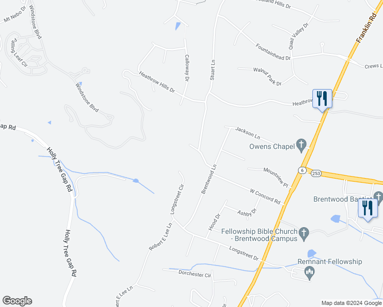 map of restaurants, bars, coffee shops, grocery stores, and more near 5115 West Concord Road in Brentwood