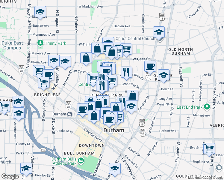 map of restaurants, bars, coffee shops, grocery stores, and more near 214 Hunt Street in Durham
