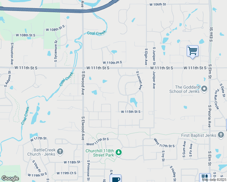 map of restaurants, bars, coffee shops, grocery stores, and more near 109 West 113th Street in Jenks