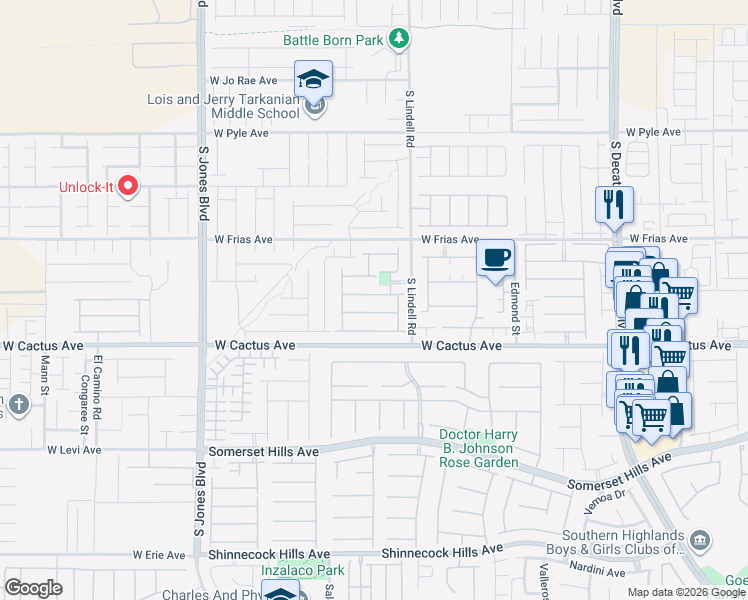 map of restaurants, bars, coffee shops, grocery stores, and more near 5593 Markley Avenue in Las Vegas