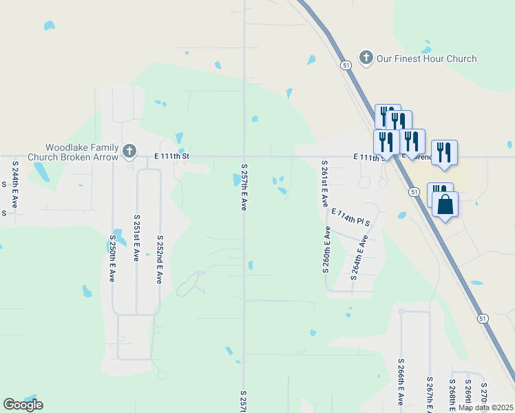 map of restaurants, bars, coffee shops, grocery stores, and more near 11321 South 257th East Avenue in Coweta