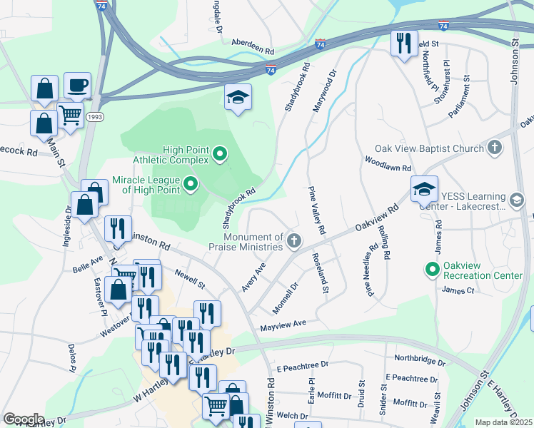 map of restaurants, bars, coffee shops, grocery stores, and more near 906 Pine Circle Drive in High Point