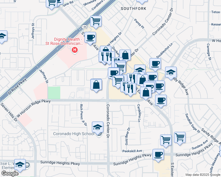map of restaurants, bars, coffee shops, grocery stores, and more near 870 Coronado Center Drive in Henderson