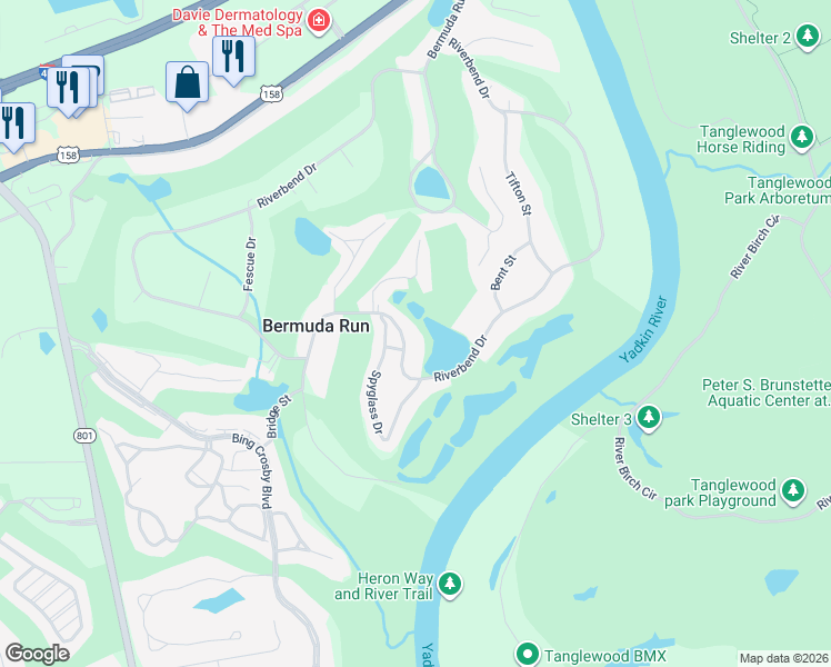 map of restaurants, bars, coffee shops, grocery stores, and more near 600 Riverbend Drive in Advance